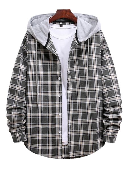 romwe guys plaid hooded shirt o6jz#, White;black
