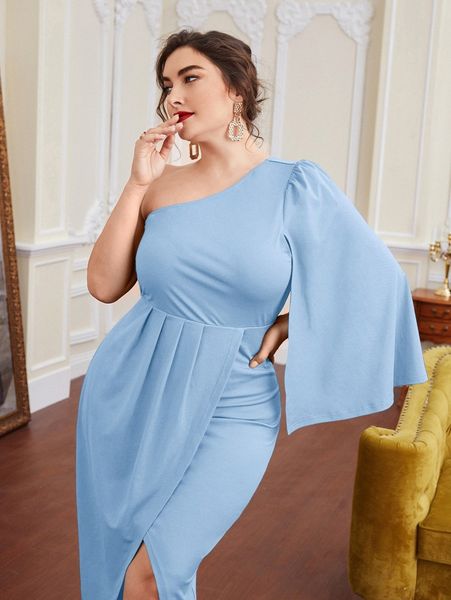 plus one shoulder cloak sleeve wrap dress 02yn#, Black