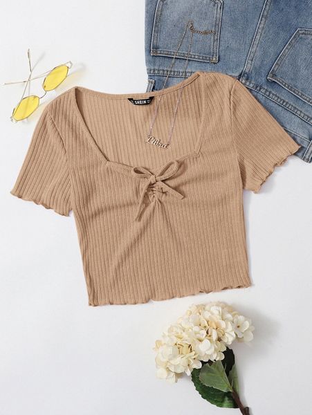 ruched knot front lettuce trim rib-knit h96r#, White