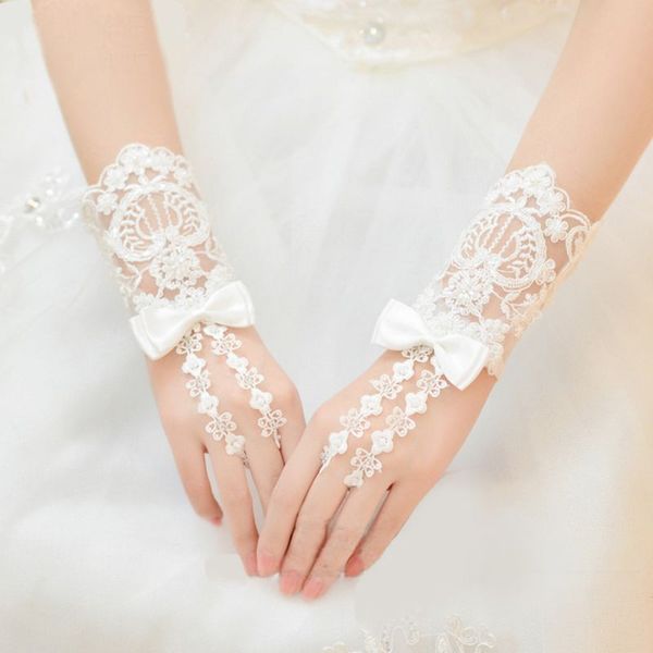 embroidery floral lace short wedding gloves satin bowknot beaded bridal mittens, White