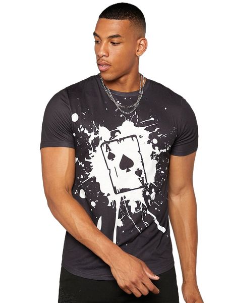 men playing card and splash print tee w58p#, White;black
