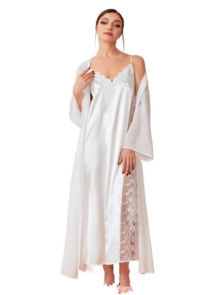 contrast lace slit hem cami nightdress & drop shoulder robe t40v#, Black;red