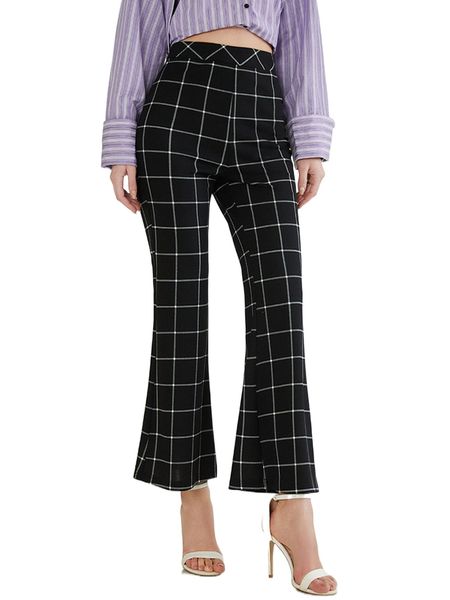 high waist windowpane print flare leg pants w9tj#, Black;white
high waist windowpane print flare leg pants w9tj#, Black;white