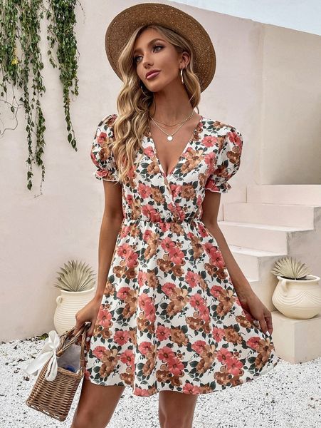 allover floral print puff sleeve dress h72g#, Black;gray 
allover floral print puff sleeve dress h72g#, Black;gray
