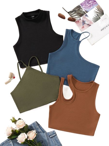 4pcs cut out asymmetrical neck ribbed knit tank d4k4#, White 
4pcs cut out asymmetrical neck ribbed knit tank d4k4#, White