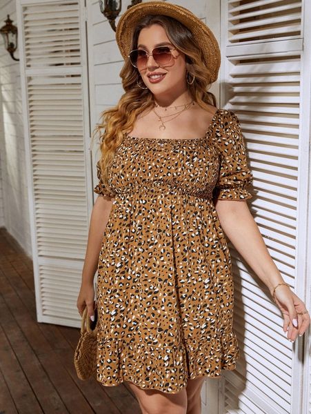 plus random allover print square neck shirred puff sleeve ruffle hem dress c6o6#, Black
plus random allover print square neck shirred puff sleeve ruffle hem dress c6o6#, Black