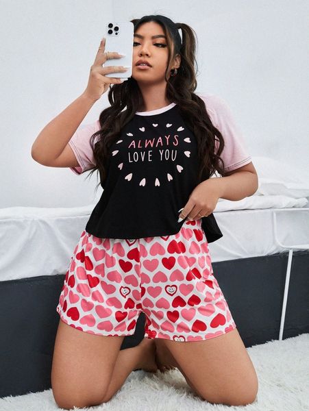 plus heart & slogan graphic contrast raglan sleeve tee & shorts pj set u3s6#, Black;white
plus heart & slogan graphic contrast raglan sleeve tee & shorts pj set u3s6#, Black;white