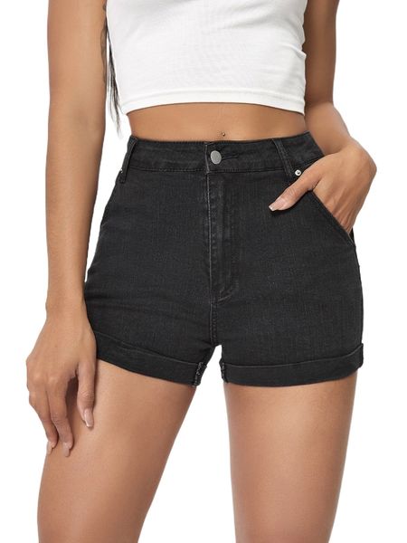 high waist roll up hem denim shorts t78s#, White;black