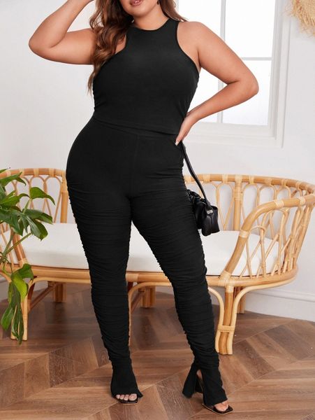 plus racerback tank & split hem stacked pants l5ou#, Black 
plus racerback tank & split hem stacked pants l5ou#, Black