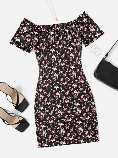 floral and butterfly print frill trim dress f3xt#, Black;gray
floral and butterfly print frill trim dress f3xt#, Black;gray