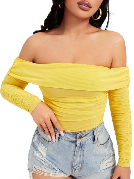 off shoulder ruched mesh y0sk#, White 
off shoulder ruched mesh y0sk#, White