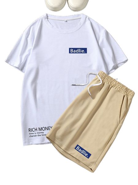 men slogan graphic tee & drawstring waist shorts 616n#, Gray 
men slogan graphic tee & drawstring waist shorts 616n#, Gray