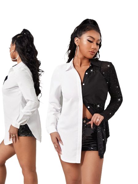 two tone button front shirt 60ne#, White