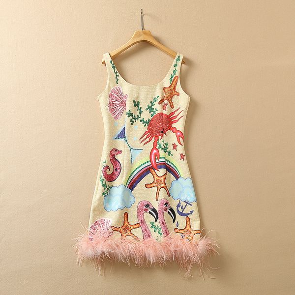 european and american women's summer 2022 new sleeveless u collar cartoon print fashionable feather dress, Black;gray
european and american women's summer 2022 new sleeveless u collar cartoon print fashionable feather dress, Black;gray
