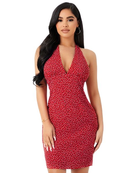 ditsy floral print halter neck dress 26yj#, Black;gray