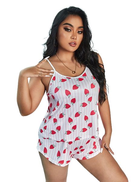 plus fruit & striped print cami pajama set c3fb#, Black;white