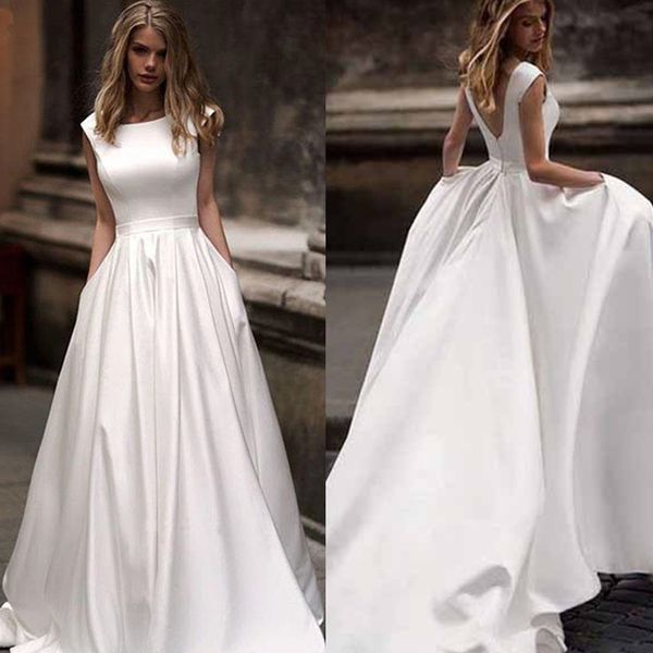 simple white satin a line wedding dress sleeveless open back summer bridal gowns with pockets sweep train long korean bride dresses
simple white satin a line wedding dress sleeveless open back summer bridal gowns with pockets sweep train long korean bride dresses