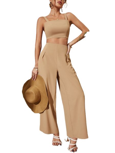 shirred cami & wide leg pants j15w#, White 
shirred cami & wide leg pants j15w#, White