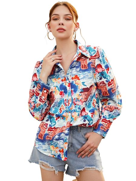 allover print button up blouse n1sp#, White