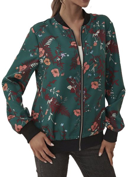 floral print zipper bomber jacket h2b1#, Black;brown