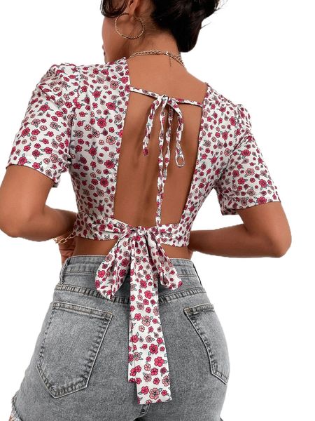 ditsy floral puff sleeve crop blouse v61t#, White
