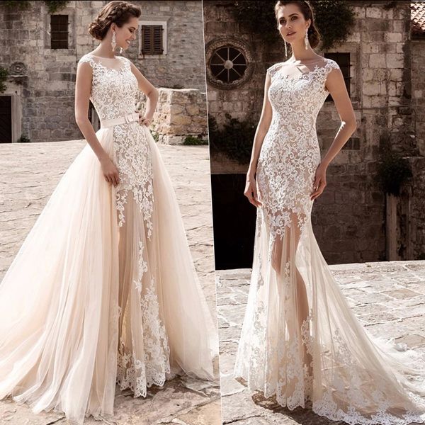 elegant mermaid wedding dress sleeveless sheer neck appliques lace floor length detachable train hollow illusion custom made ruffles bridal, White
elegant mermaid wedding dress sleeveless sheer neck appliques lace floor length detachable train hollow illusion custom made ruffles bridal, White