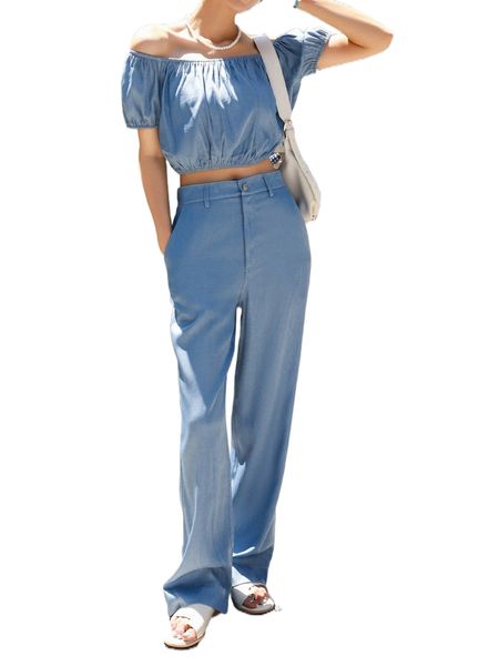 dazy off shoulder puff sleeve & pants t1r8#, White