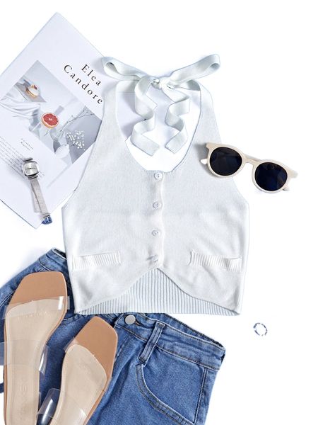 button front rib knit halter knit 46go#, White;black
button front rib knit halter knit 46go#, White;black