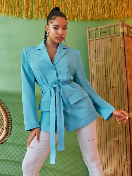 sxy flap pocket belted button front longline blazer y2u2#, White