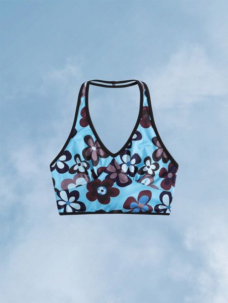 romwe floral print bow back contrast binding crop halter c1ph#, White