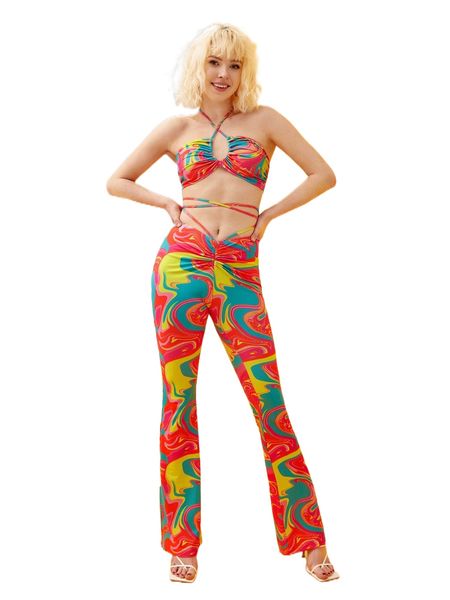 x creative drip marble print criss cross halter & flared leg pants set q74p#, White
x creative drip marble print criss cross halter & flared leg pants set q74p#, White