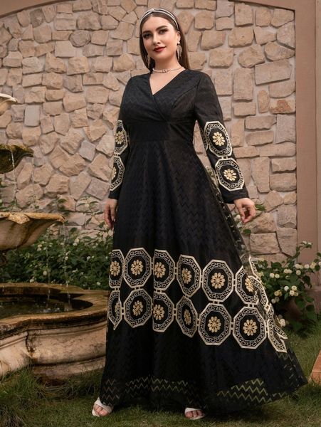 plus floral embroidered overlap collar lace dress b9ms#, Black