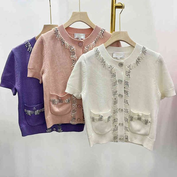 women's t-shirt summer handmade beaded short sleeved knitted pocket thin single breasted knitted blouse for women, White
women's t-shirt summer handmade beaded short sleeved knitted pocket thin single breasted knitted blouse for women, White