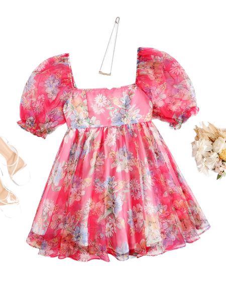 floral square neck puff sleeve organza dress c4ah#, Black;gray