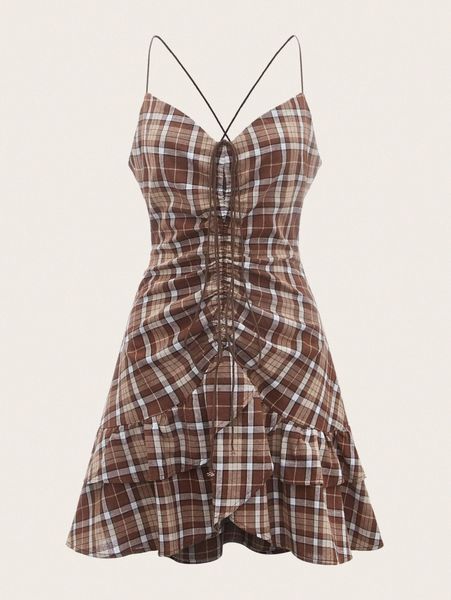 mod plaid print crisscross tie backless drawstring ruched front layered hem slip dress h4ij#, Black;gray
mod plaid print crisscross tie backless drawstring ruched front layered hem slip dress h4ij#, Black;gray