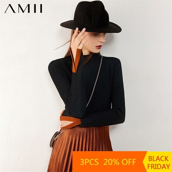 amii minimalism autumn winter women's sweater fashion spliced slim fit turtleneck sweater for women lj201126, White;black
amii minimalism autumn winter women's sweater fashion spliced slim fit turtleneck sweater for women lj201126, White;black