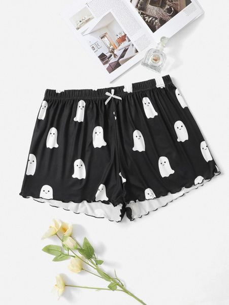 plus halloween print lettuce trim sleep shorts 29kd#, Black;white