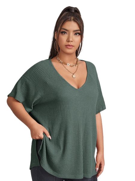 plus waffle knit split high low tee t7rl#, Black