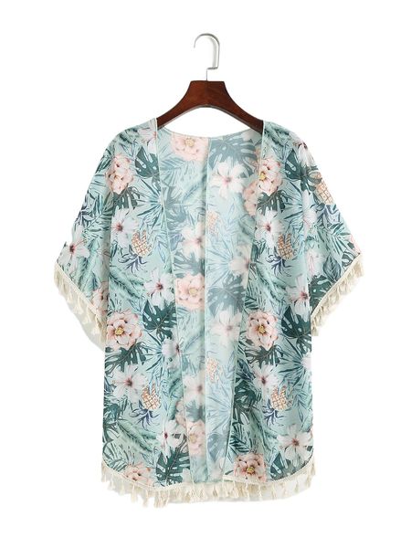 random pineapple & tropical print batwing sleeve tassel trim chiffon kimono h5kz#, White;black
random pineapple & tropical print batwing sleeve tassel trim chiffon kimono h5kz#, White;black