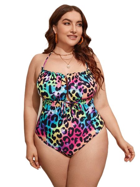 plus leopard print frill trim tie back halter one piece swimsuit n1jl#, White;black 
plus leopard print frill trim tie back halter one piece swimsuit n1jl#, White;black