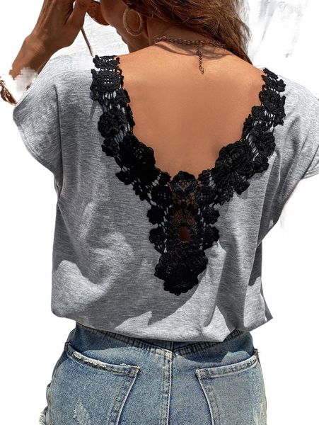 contrast lace backless tee g6ns#, White