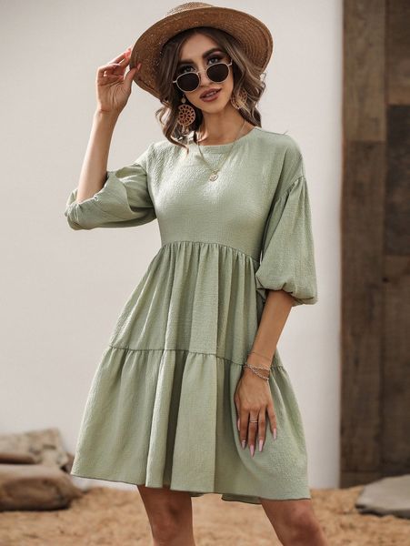 lantern sleeve ruffle hem textured dress n6mw#, Black;gray 
lantern sleeve ruffle hem textured dress n6mw#, Black;gray