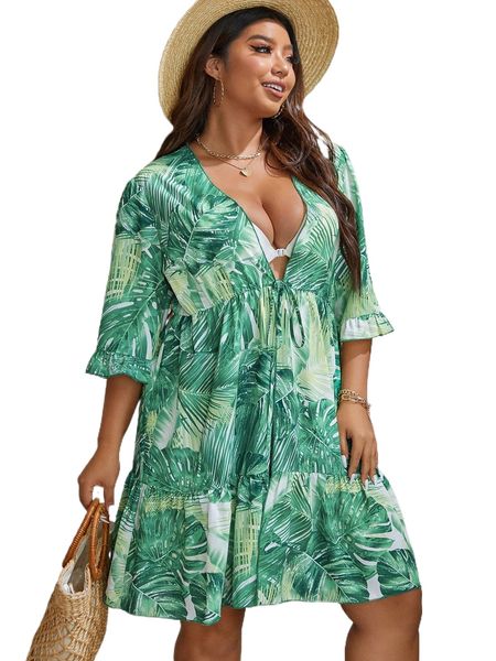 plus tropical print flounce sleeve knot front ruffle hem kimono u1vs#, Black;gray
plus tropical print flounce sleeve knot front ruffle hem kimono u1vs#, Black;gray