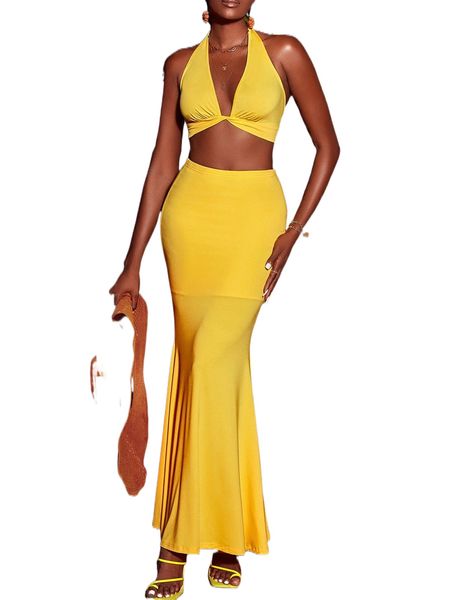 tie backless halter & mermaid hem skirt m1fx#, White
