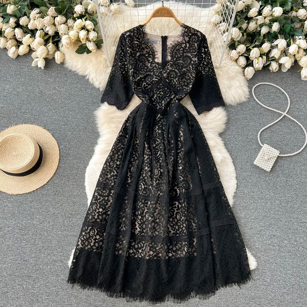 party lace women dress 2022 summer zipper slim short sleeves vacation elegant ladies a line long chic dresses, Black;gray
party lace women dress 2022 summer zipper slim short sleeves vacation elegant ladies a line long chic dresses, Black;gray
