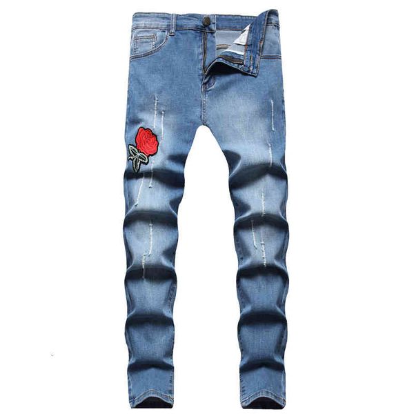 men's jeans spring and autumn men's casual hole embroidery slim fit denim small foot personalized jeans 1c0l, Blue
men's jeans spring and autumn men's casual hole embroidery slim fit denim small foot personalized jeans 1c0l, Blue