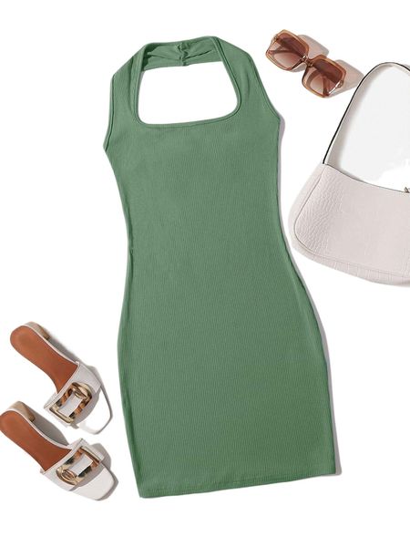 plus solid halter open back dress b1hq#, Black