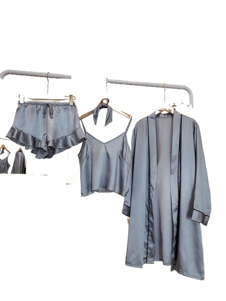 4pcs ruffle hem knot front contrast piping satin pj set & hair tie n6bx#, Black;red
4pcs ruffle hem knot front contrast piping satin pj set & hair tie n6bx#, Black;red