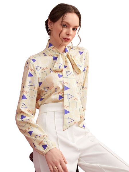 x squid house geo print tie neck bishop sleeve blouse r2db#, White
