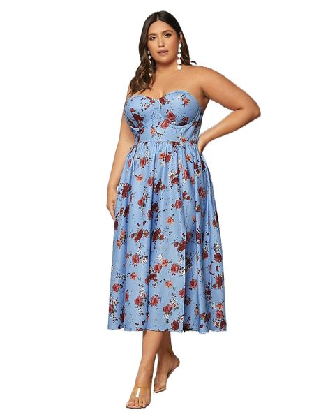 plus floral print bustier formal dress 887e#, Black
